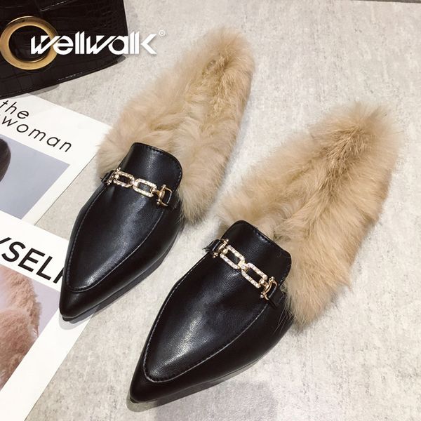

fur loafers women winter shoes genuine leather pu moccasins pointed toe ladies rhinestone buckle chain shoe woman, Black