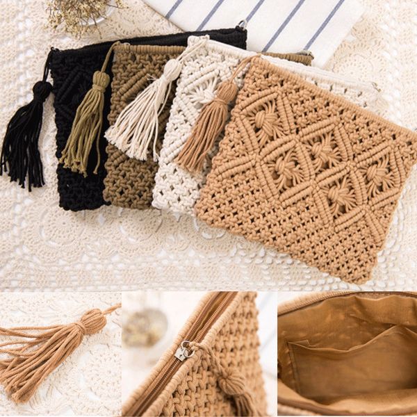 

summer new women daily cluntch solid zipper straw tassel handbag beach casual tote handbag