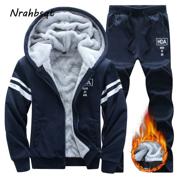 

nrahbsqt men tracksuit jogging homme fleece thick hooded casual track suit jacket+pant warm fur inside winter sweat pb025, Black;blue