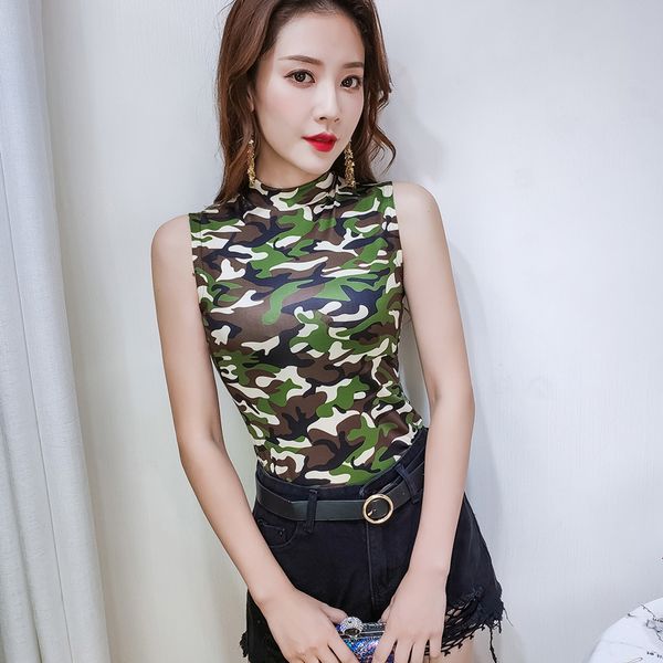 

2020 summer half-high collar slim fit thin tight bottom halter printed camisole, White