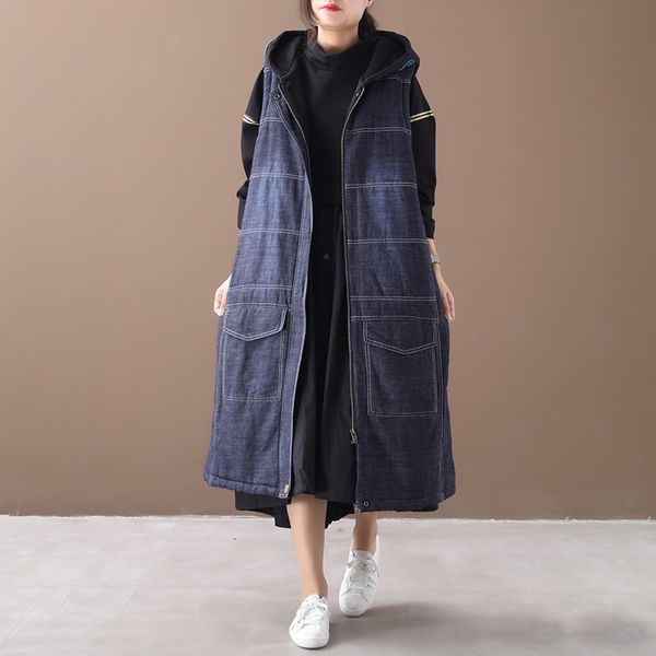 

ewq] 2019 autumn winter new pattern hooded sleeveless solid patchwork denim thick casual cotton padded vest women ah85917, Black;white