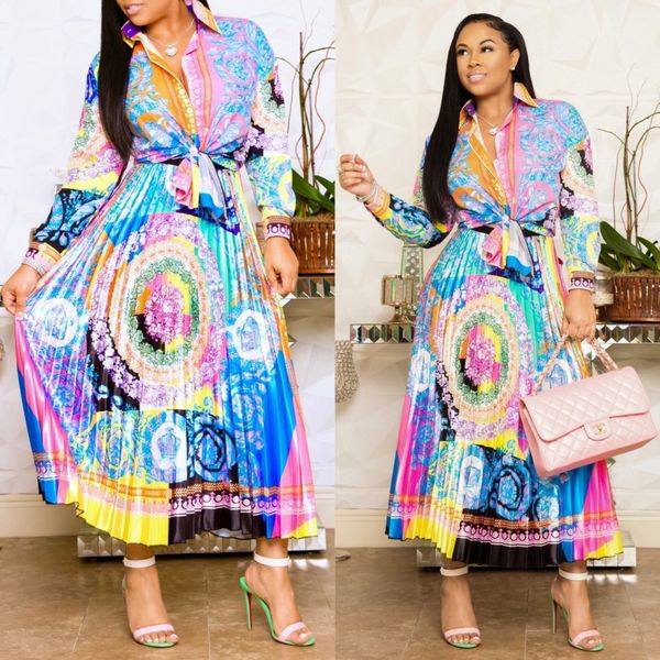 

latest design floral printed two pieces party dress sets 2019 charming long sleeves shirt and pleats skirt ankle length separate sell 1piece, White;black