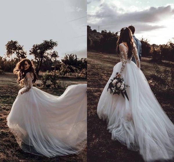 

boho wedding dresses long sleeves appliques tulle 2019 wedding gowns slash neck garden bridal dresses sweep train, White