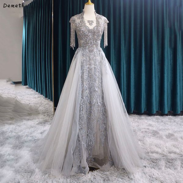 

grey cap sleeve evening dresses crystal tassel luxury evening gowns 2019 latest design o-neck mermaid formal dress, White;black