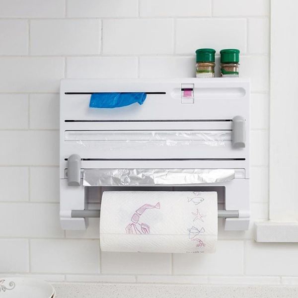 

kitchen wall mounted storage rack multi-functional 6 in 1 aluminum film paper towel holder wrap cutter spice jar holder kitchen shelf rack