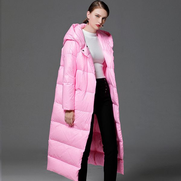 

women's long straight down parkas hooded pink down puff coat, Black