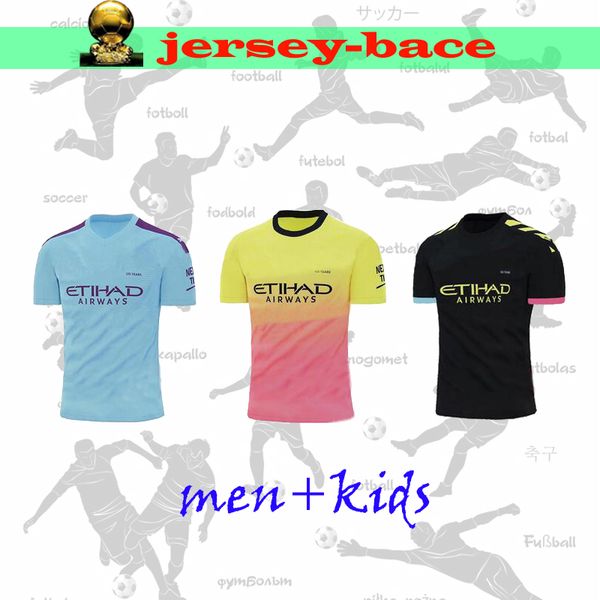 

new 19 20 man city soccer jersey de bruyne home away 3rd kun aguero sane sterling mahrez silva rodrigo gundogan kids men football shirt, Black;yellow