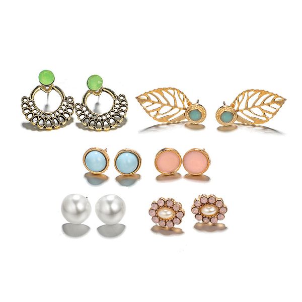 

fashion statement natural stone leaf ear stud earring brincos bohemian ethnic flower pearl earring shellhard jewelry 6 pairs/set, Golden;silver