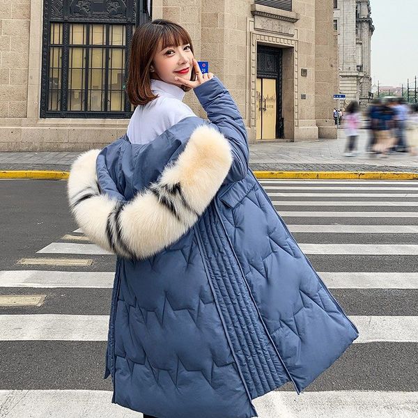 

winter long down coat women 2019 thick hooded zipper coat plus size bread clothing outwear white duck down warm parkas jacket, Black
