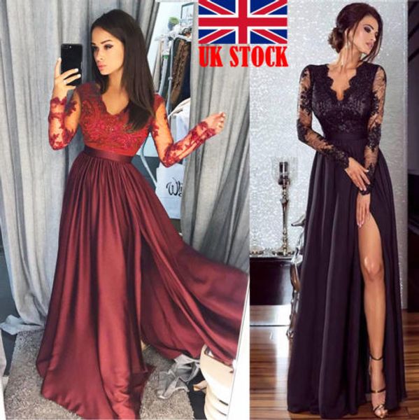 

2018 new women lace dress evening party long sleeve v neck ball prom gown formal wedding lady fashion sundress long maxi dress, Black;gray