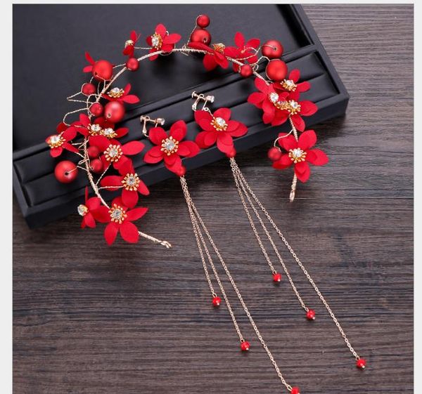 

new korean red flower hoop earrings for marriage headdresses, Slivery;golden