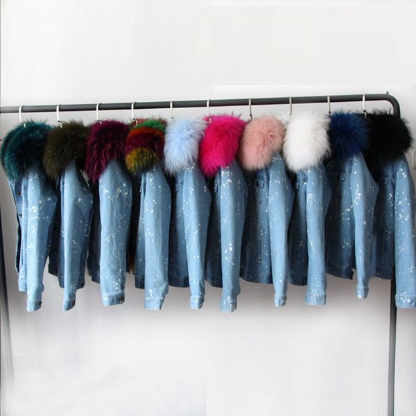 

maomaokong women cold resistant snow jackets raccoon fur trim fox fur lining light blue demin mini jackets, Black