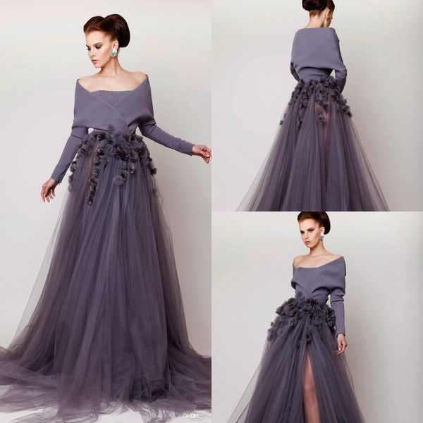 

2019 ashi studio prom dresses off the shoulder 3d flowers long sleeve evening gowns a line custom made elegant party gowns side split, Black;red