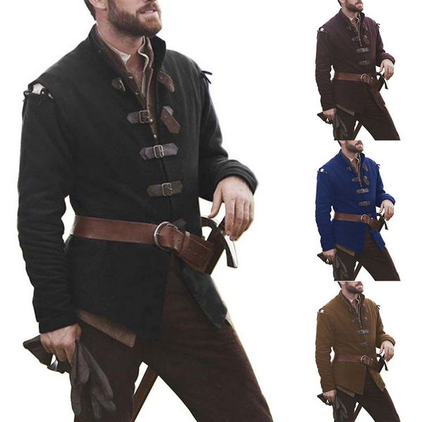 

2020 new medieval knight cosplay coat men's costume solid color collar leather buckle men long sleeve, Tan;black