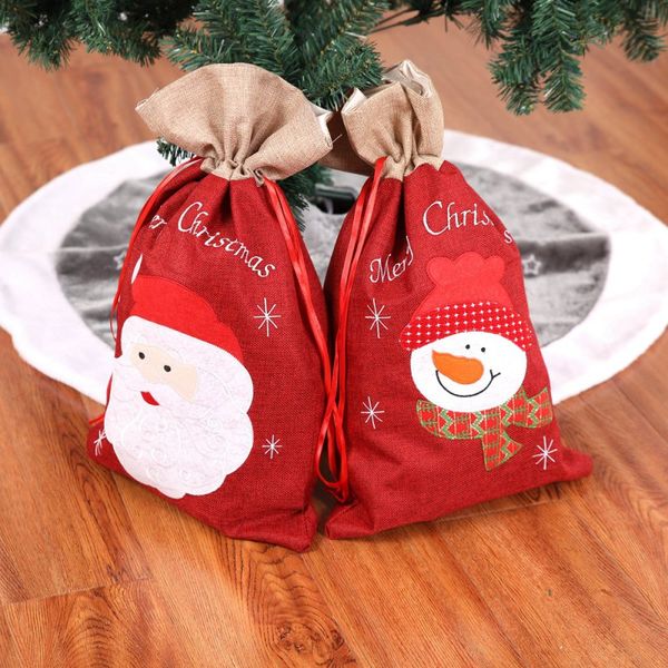 

2019 new christmas gift holder linen cartoon santa claus snowman printed drawstring candies carrier bag