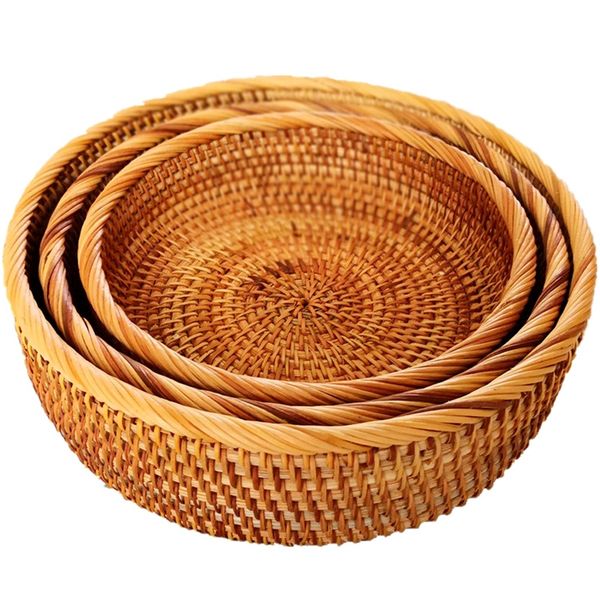 

держатель hadewoven круглый ротанг корзина с фруктами плетеная tray ткачество хранения столовая чаша (3-size kit, Pink;blue