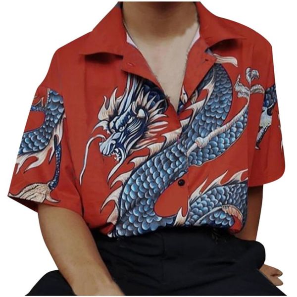 

fashion summer casual men women chic dragon print half sleeve shirt fashion holiday comfort lapel button mens blouse streetwear, White;black