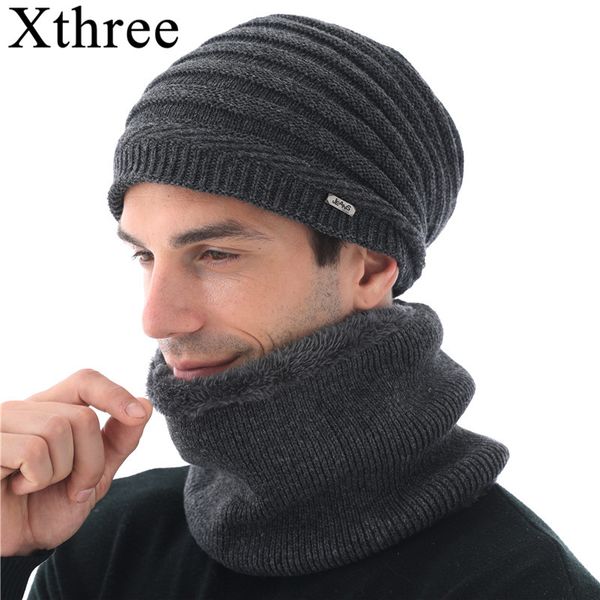 

xthree winter skullies hat beanies wool knitted hat scarf with lining male gorras bonnet winter hats for men beanie
