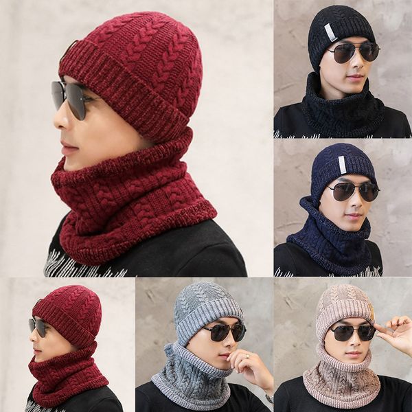 

winter cap 2pc men fashion winter beanie hat scarf set simple solid color warm knit hat thick knit skull cap gorras para hombre, Blue;gray
