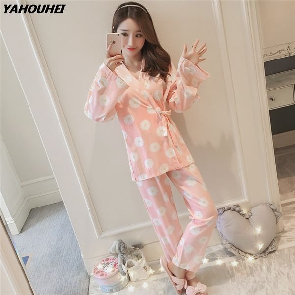 

cotton casual pajama set for women 2018 autumn winter long sleeve floral print kimono pyjama homewear girls lounge home clothing, Blue;gray