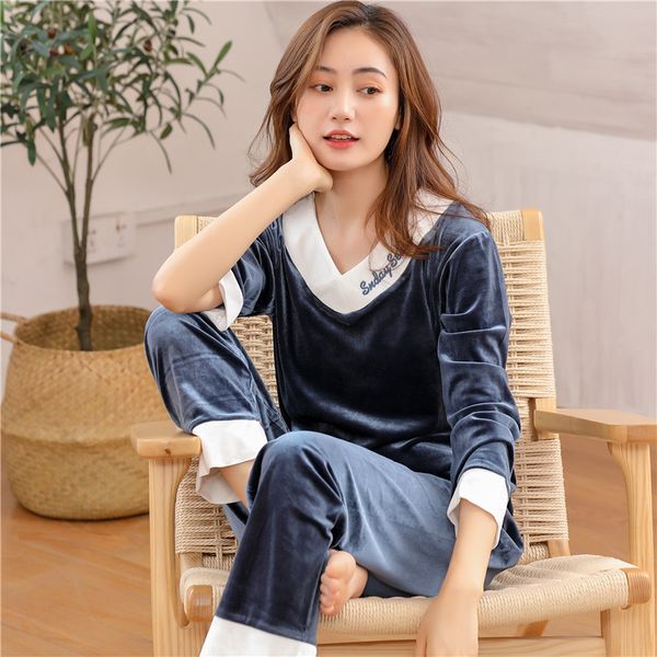

2018 autumn winter coral velvet v-neck pajama set for women long sleeve pyjama soft comfortable sleepwear homewear home clothing, Blue;gray