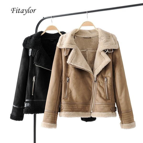 

fitaylor faux leather lambs wool fur collar suede jacket women winter warm thick turn-down collar female faux lamb outerwear, Black