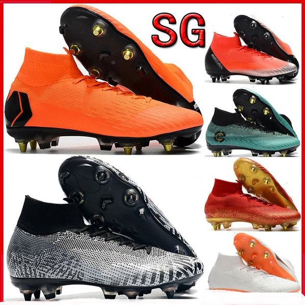 

2019 mens soccer cleats Mercurial Superfly VI Elite SG AC football boots cr7 neymar soccer shoes chuteiras high ankle botas de futbol black