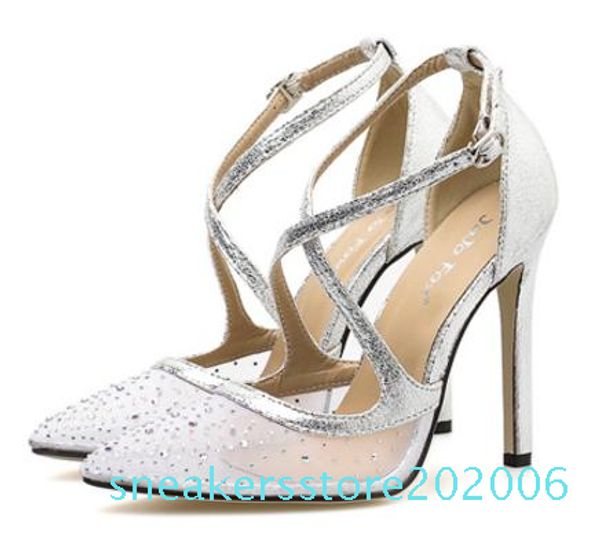 

luxury bridal wedding shoes meshy rhinestone pointed pumps fashion luxury designer women shoes nude silver size 35 to 40 s06, Black