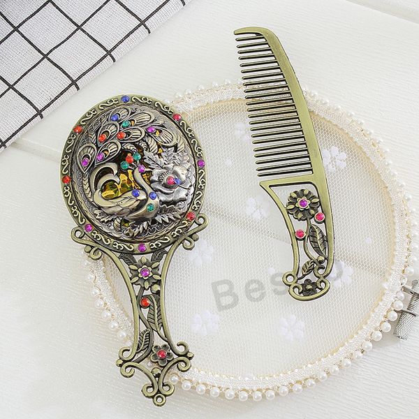 2pcs Make Up Pente Espelho Define Retro metal mão Espelho de maquiagem Espelho chinês Vintage Estilo Cosmetic Mirrors presente Mulheres Beleza Ferramenta DBC BH2751