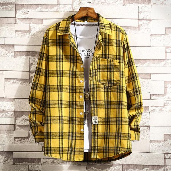 

long sleeve red check shirt men autumn fashion plaid cotton hip hop shirt men casual yellow thick casual camisab50, White;black
