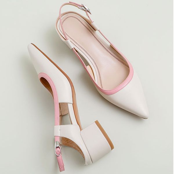 

pink leather women dress pumps pointed toe slingback chunky high heels working shoes woman casual outside footwear green zapatos, Black