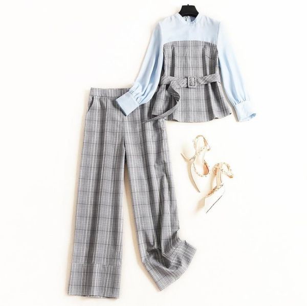 

autumn 2019 new european and american women's wear plaid pants long sleeve patchwork shirt fashion suits, White