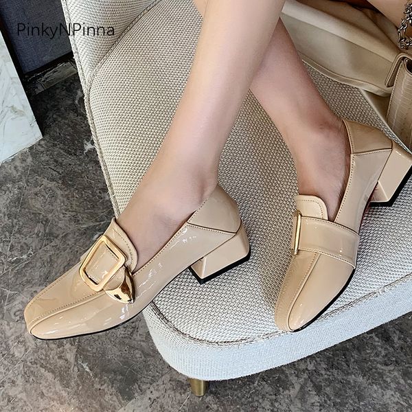 

women spring metal square buckle patent leather loafers shining office party dress casual shoes plus size runway style, Black
