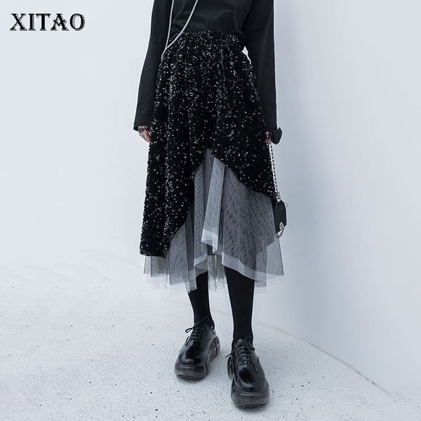 

xitao trend нерегулярных юбок женских пришиваний строчка сетка плиссированной юбки streetwear мода личность женщина одежда dmy2803, Black