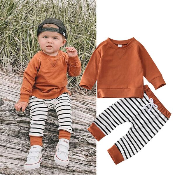 

baby boys clothes set 0-24 months toddler kids baby boy outfit brown pullover t-shirt striped long pants kids active outfit, White