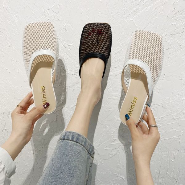 

shoes ladies' slippers cover toe mules for women 2020 slides pantofle med square new flat pu rome fabric, Black