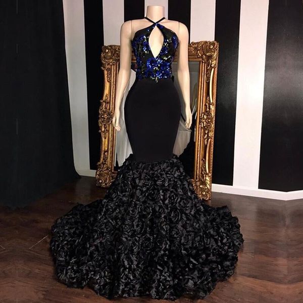 

модные платья выпускного вечера холтер блестки 2019 новые роскошные вечерние платья русалка развертки поезд атласные коктейльные платья, Black
