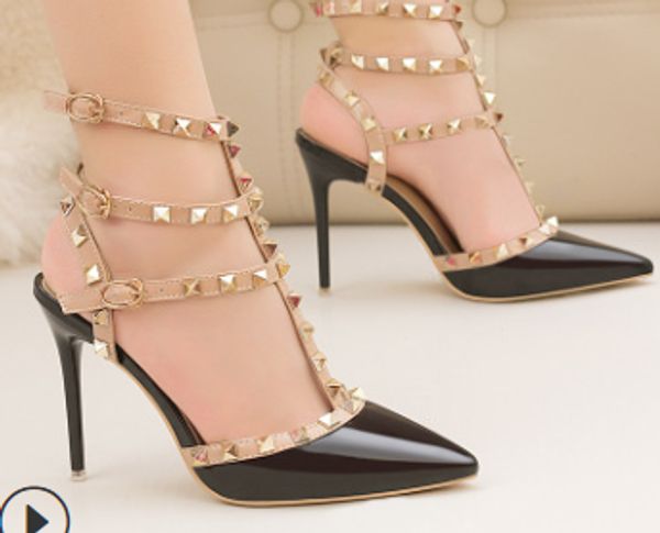 

2020 fashion new arrival lady 10cm stiletto heels patent leather metal studs hollow roman fashion sandals, Black