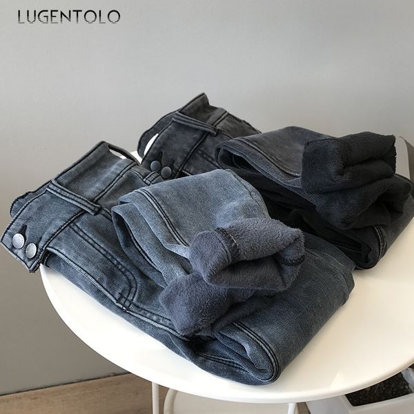 

lugentolo women jeans slim winter korean velvet warm pencil pants solid button zipper ankle-length casual lady fashion jeans, Blue