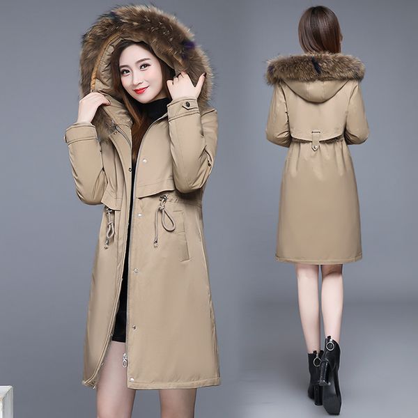 

women's winter dress oversized real mule hair collar medium-length mother thick windbreaker cotton wool down cotton clothing, Black