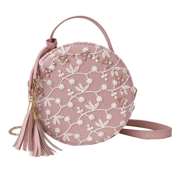 

2019 женская мода вышивка кисточкой crossbody сумки круглый tote сумки розовый дамы плеча сумка bolsa femininah25