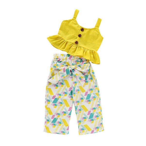 

summer pudcoco children girls clothes set solid yellow sleeveless crop bow pants 2pcs outfits cotton casual sets, White