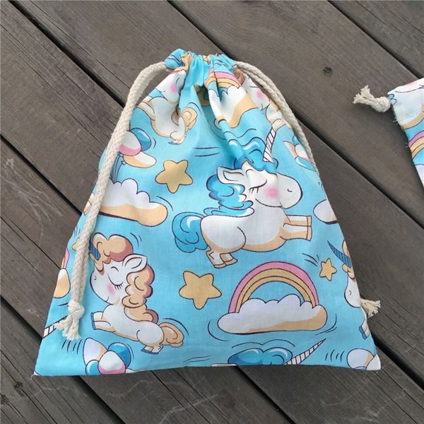 

yile 1pc cotton drawstring clothing sorted pouch party gift bag printed unicorn rinbow clouds blue base n9205c