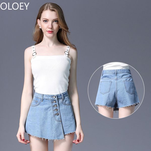 

high waist wide leg women jeans shorts button anti-light a-line summer denim skirt boyfriend distressed pants 4xl plus size, Blue
