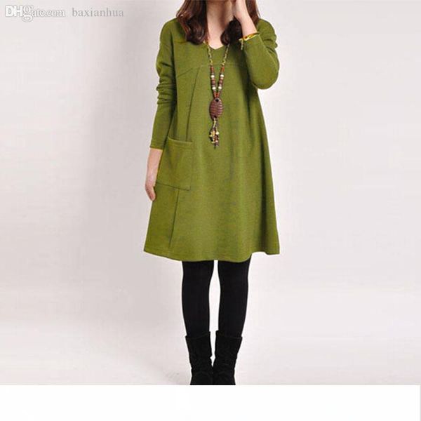 

wholesale-2016 new autumn winter elegant women casual long sleeve pocket dress solid o neck loose dresses vestidos plus size s-xxl 5 color, Black;gray