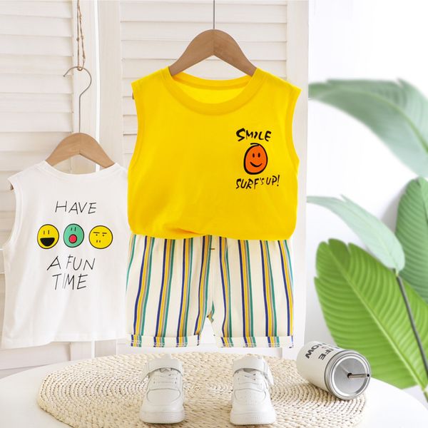 

summer baby boy girl clothes children fashion cotton printed vest stripe shorts 2pcs/sets infant kids leisure toddler tracksuits, White