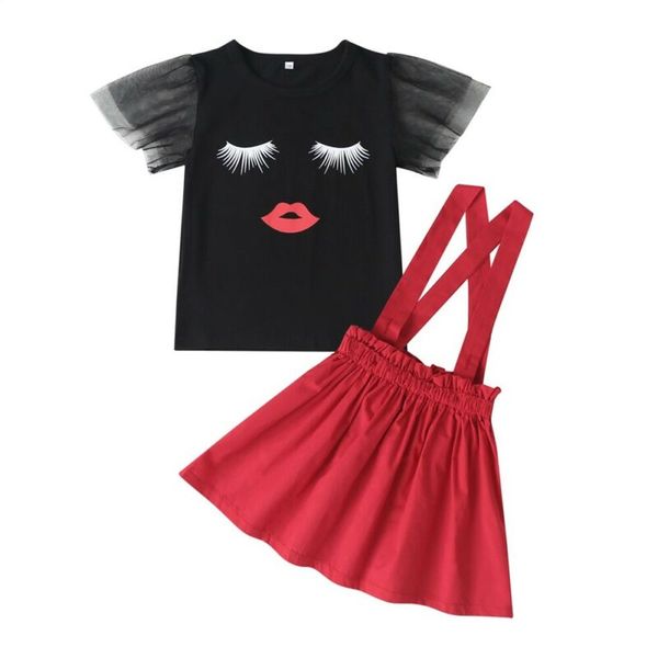 

2020 design newborn kids baby girl summer clothes set novelty black t-shirt red strap skirts short sleeve outfit set 2pcs, White