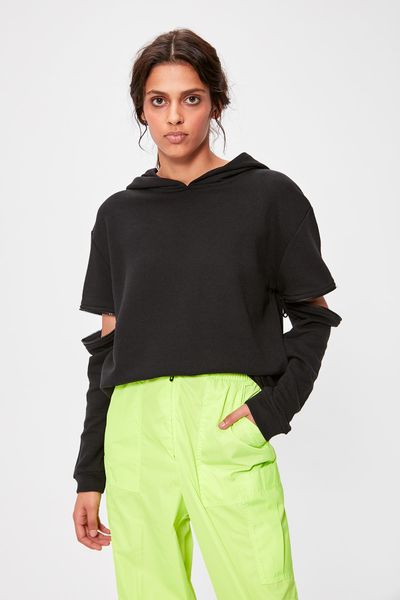 

trendyol black zip detail hooded knitted sweatshirt twoaw20sw0237