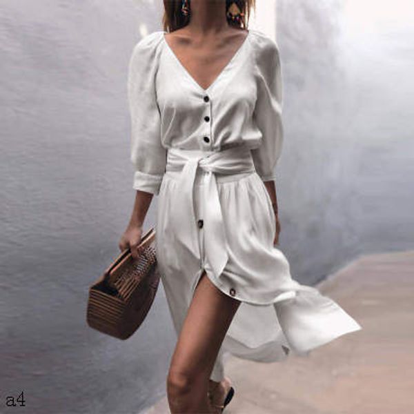 

women dress luxury half sleeves fashion v-neck straps ladies split shirt dresses female solid color skirts with botton, Black;gray