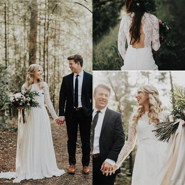 

vintage country garden boho wedding dresses chiffon long sleeves bohemian illusion lace backless bridal gowns custom made, White
